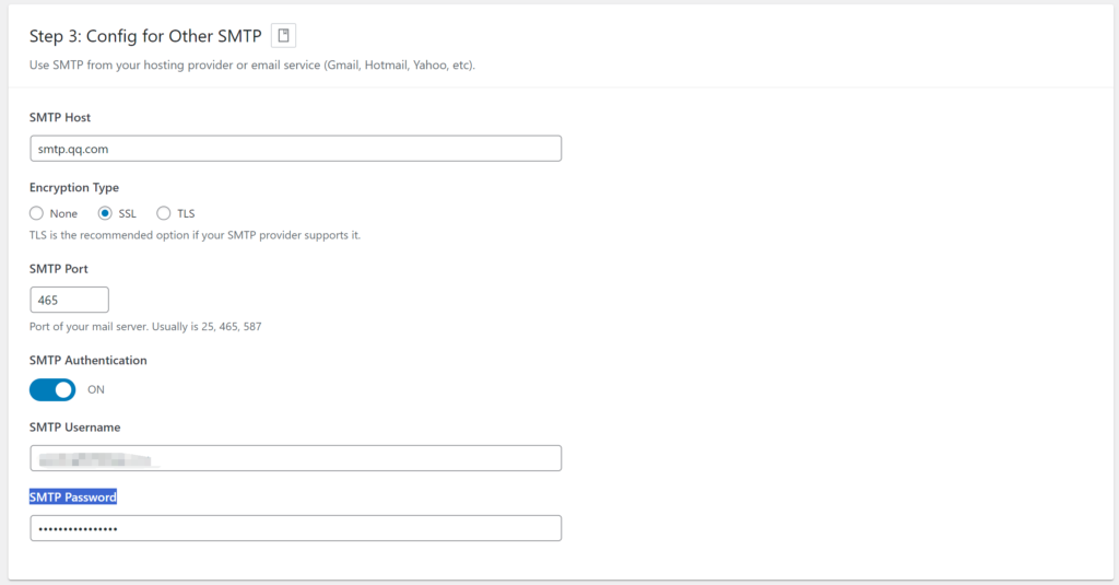 YaySMTP 中 Step 3: Config for Other SMTP 填写示例